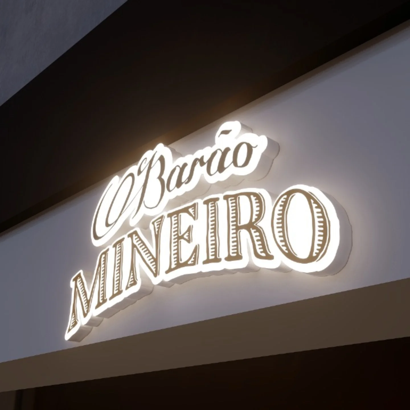 Letreiro luminoso O Barão Mineiro em letra caixa com iluminação frontal